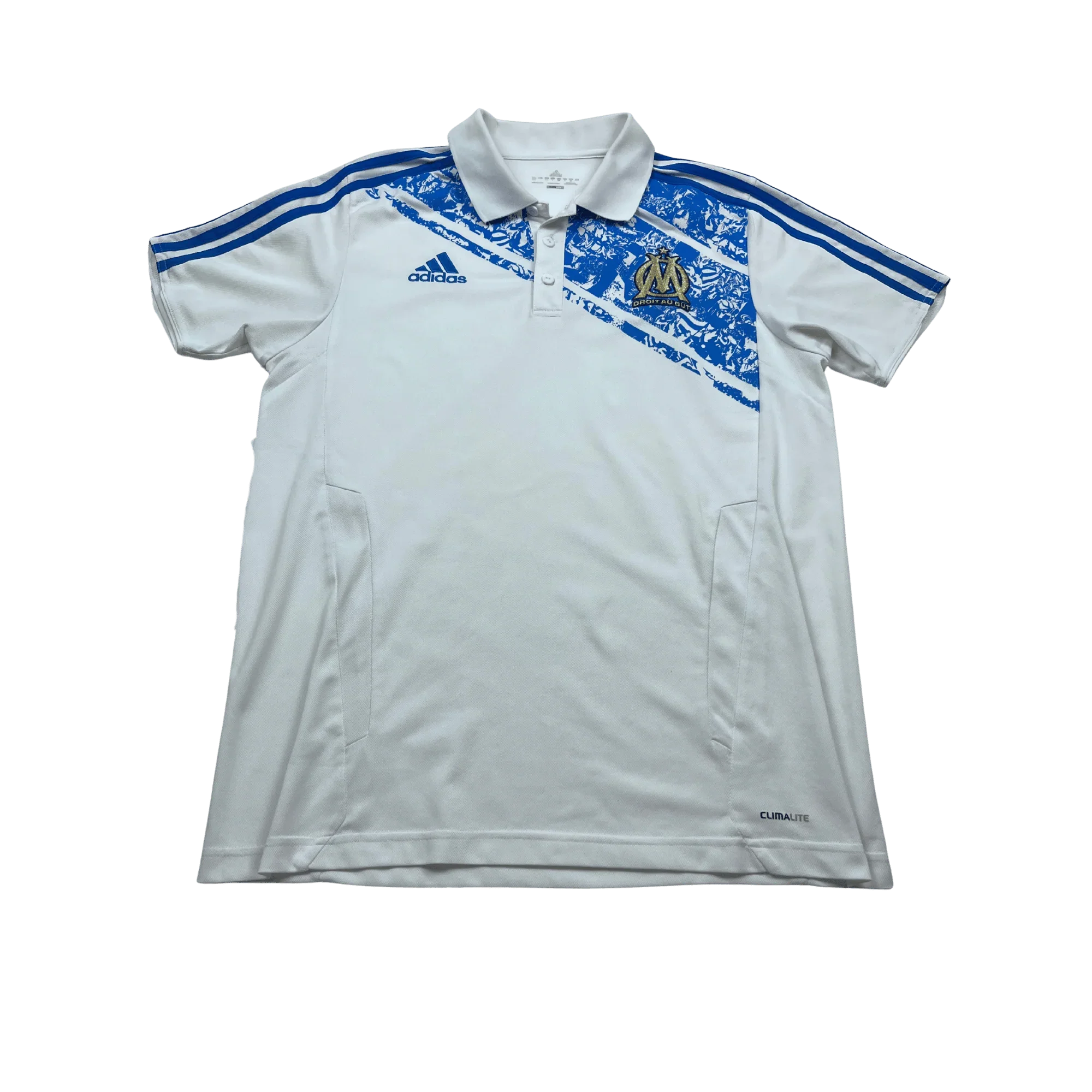 Adidas Marseille Poloshirt weiß mit blauem Design und Kickvault Logo kurzärmelig