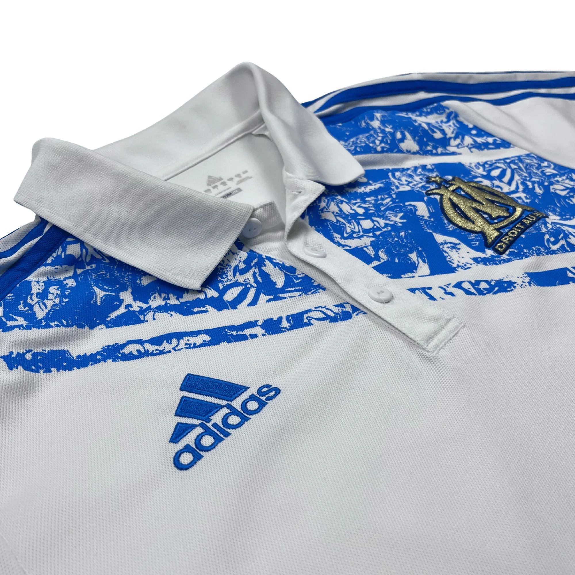 Adidas Marseille Poloshirt weiß mit blauem Print und Logo von Kickvault