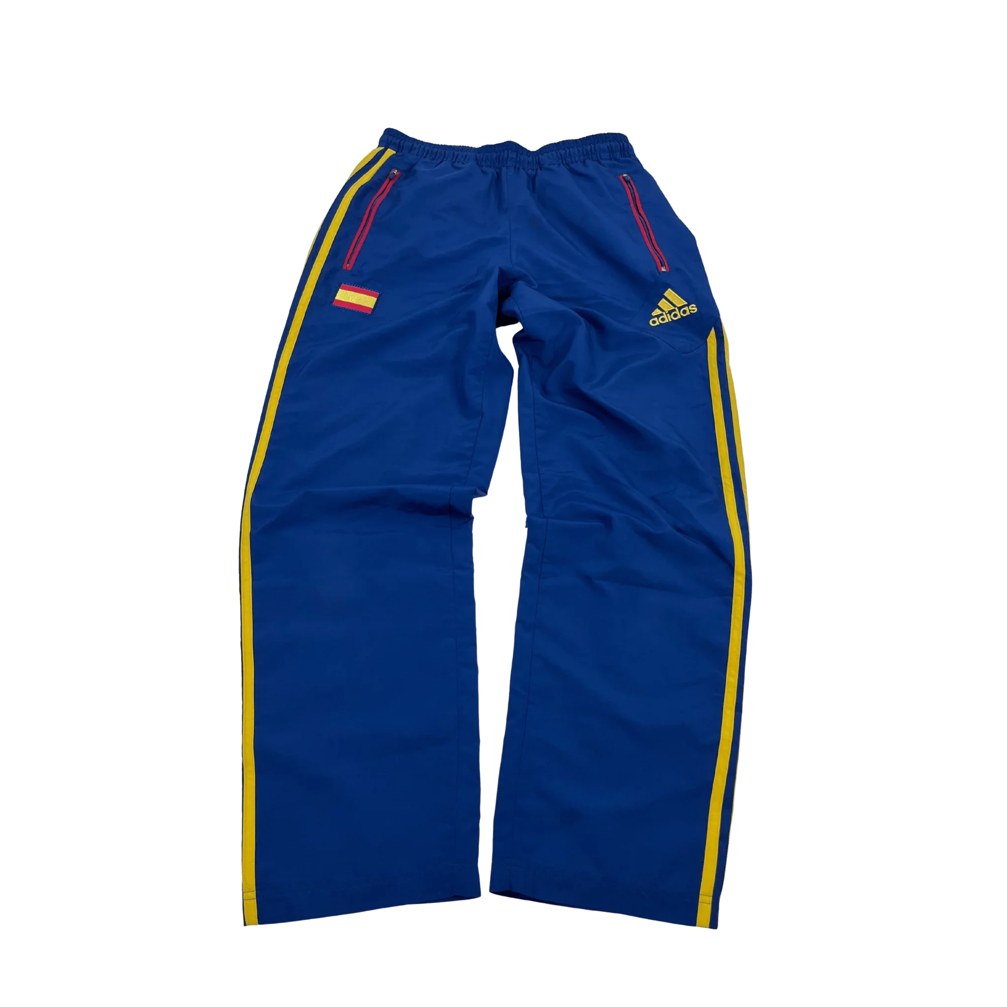 Kickvault Adidas Spanien Trainingsanzug blaue Trainingshose mit gelben Streifen und roten Reißverschlusstaschen