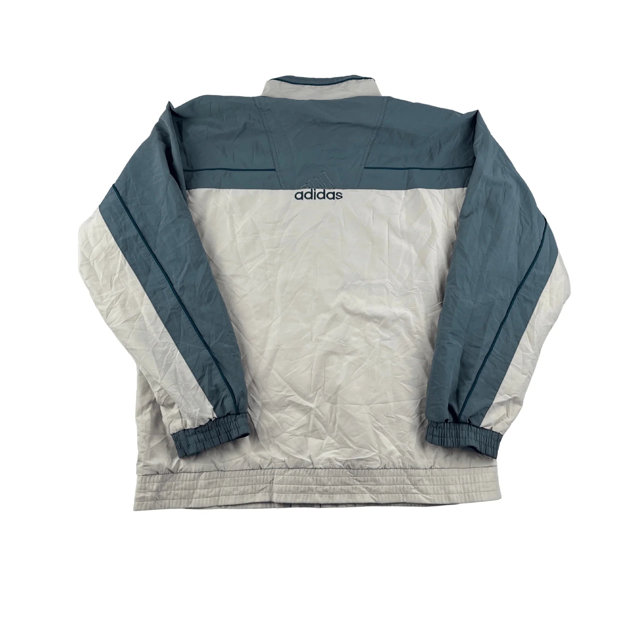 Adidas Trainingsjacke Vintage 2000er in Grau und Blau mit langem Arm und elastischem Bund auf weißem Hintergrund
