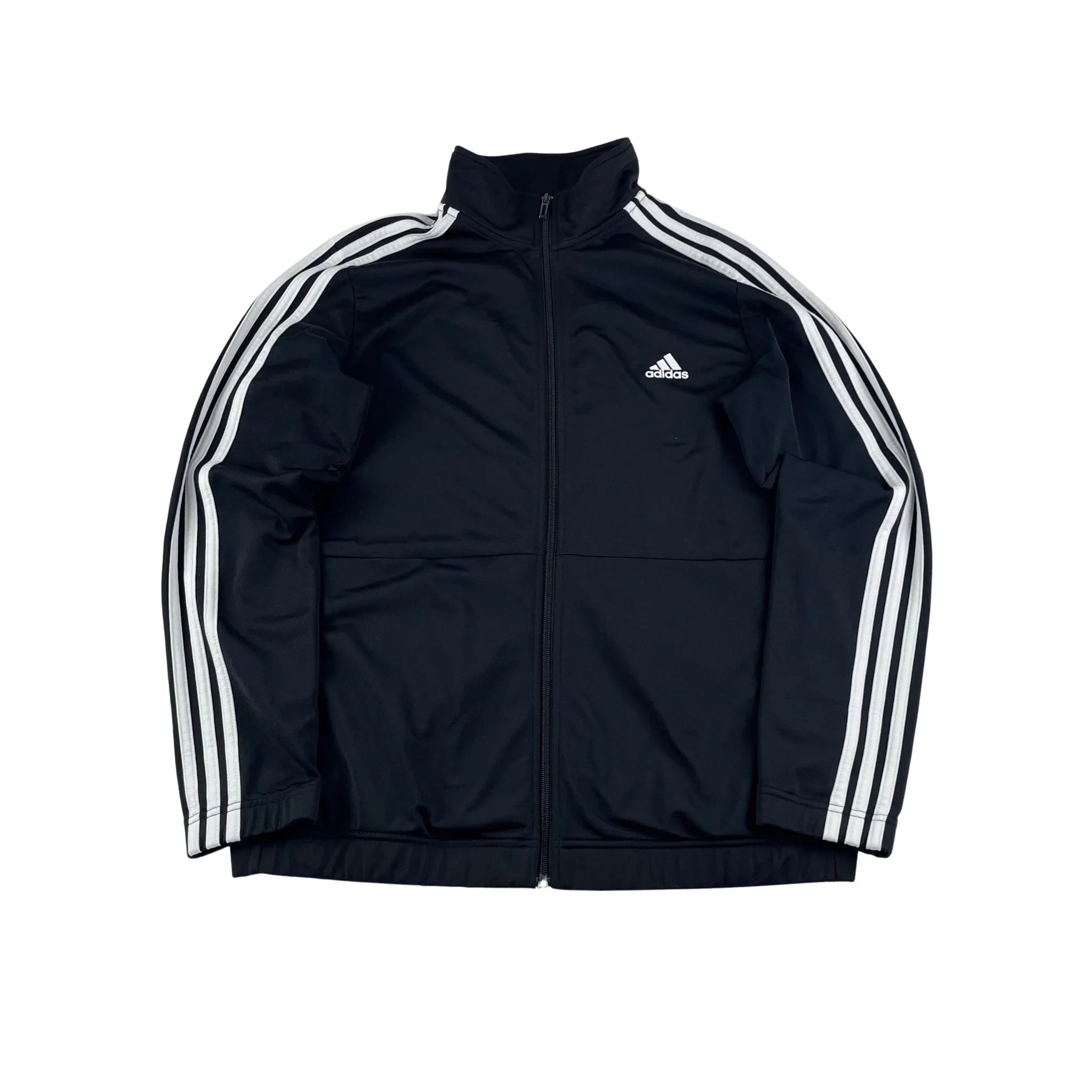 Schwarze Adidas Trainingsjacke Vintage 2000er mit weißen Streifen und durchgehendem Reißverschluss