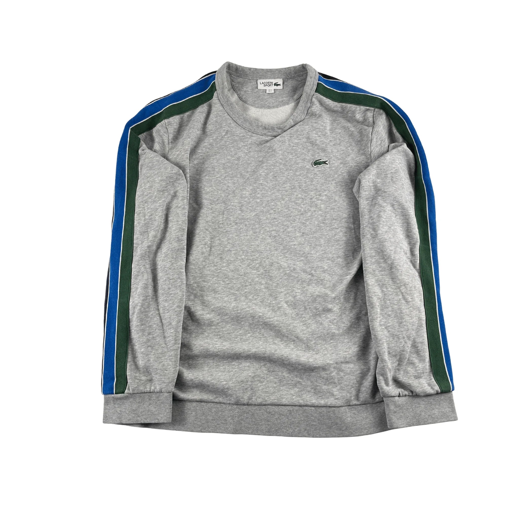 Grauer Lacoste Crewneck Pullover Vintage mit blau-grünen Streifen an den Ärmeln und Krokodil-Logo