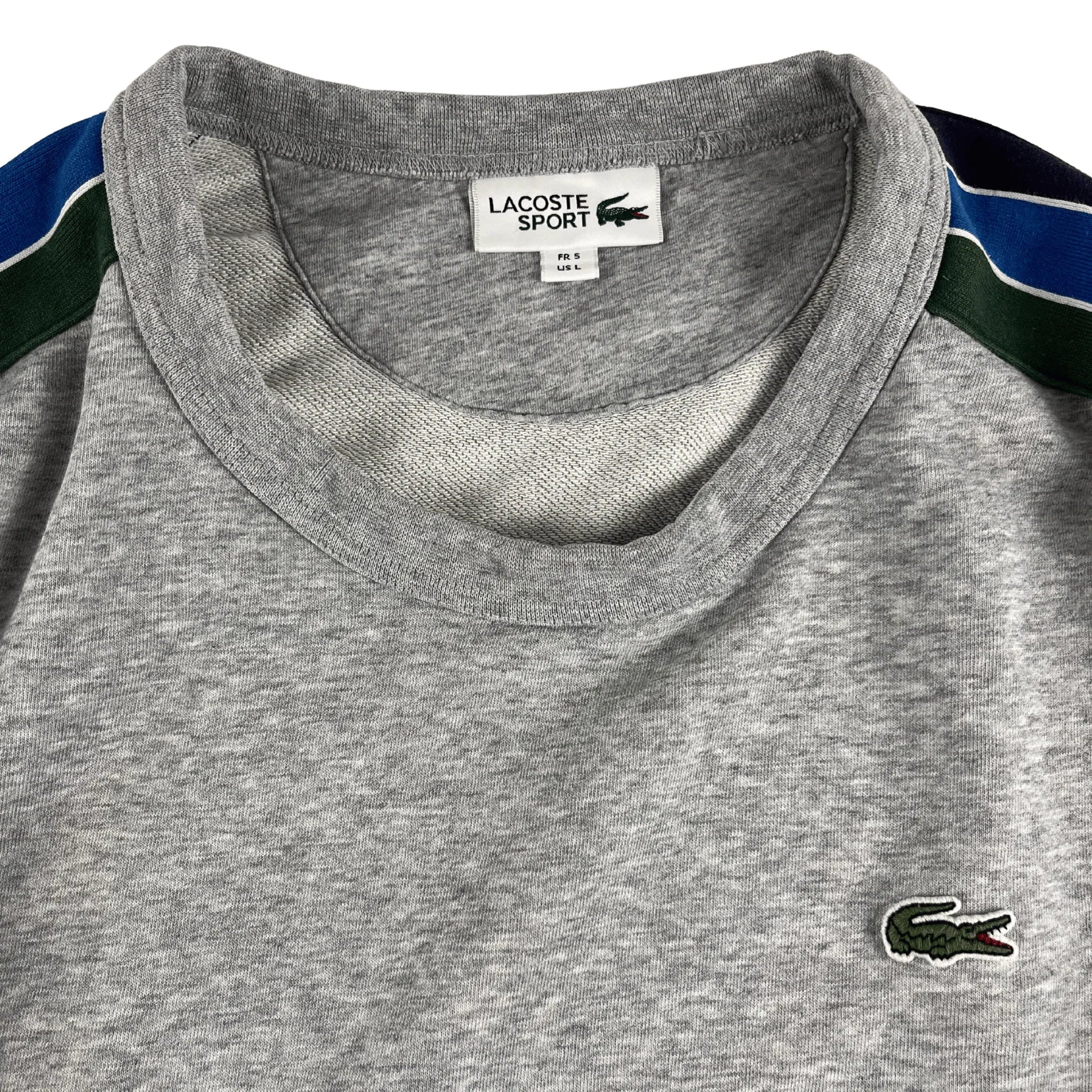 Grau melierter Lacoste Crewneck Pullover Vintage Hoodie mit farbigen Schulterstreifen und Logo