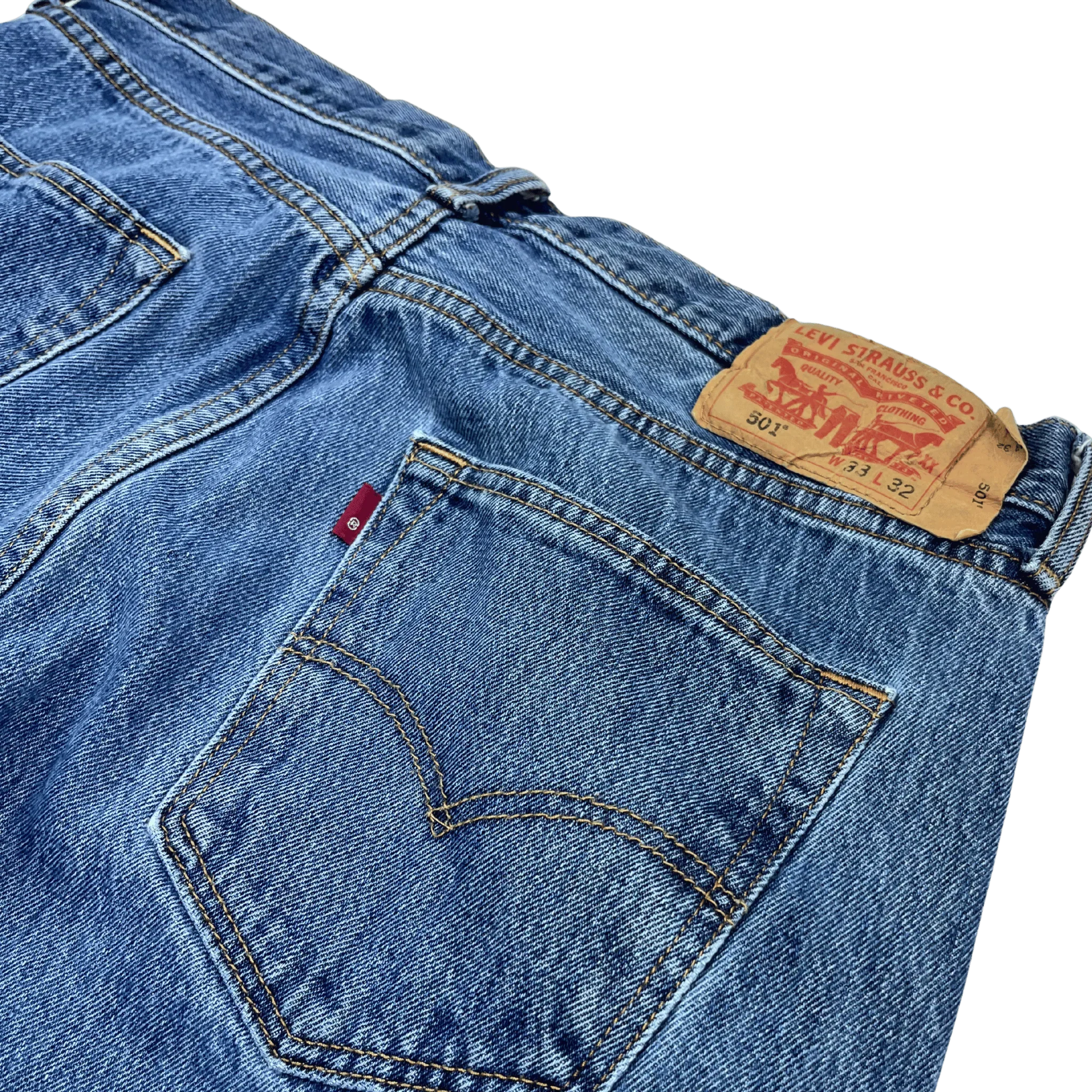 Kickvault Levi’s 501 Vintage Jeans vitnage 90‘s in blau mit Lederschild und rotem Markenetikett