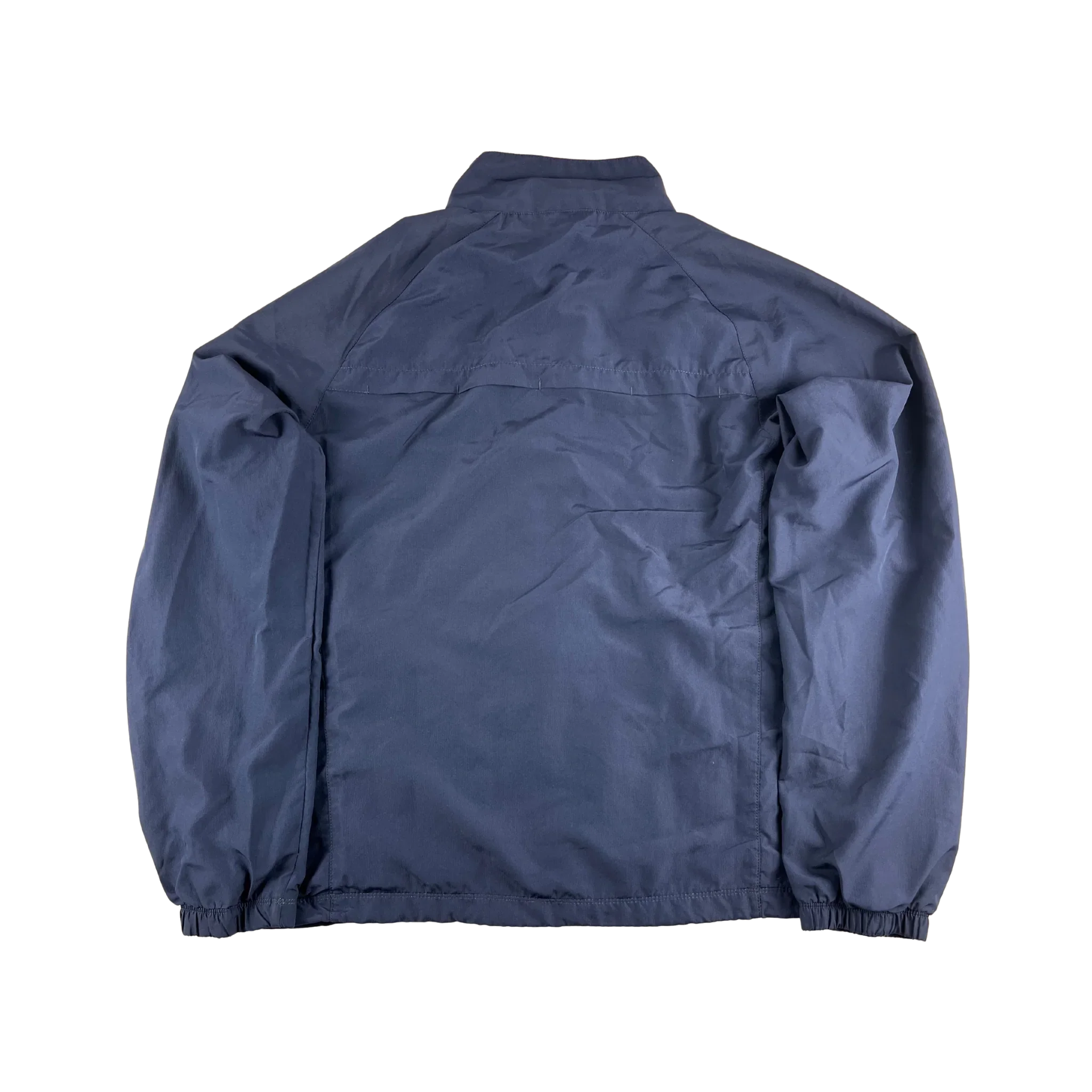 Rückansicht der Nike Dri-Fit Trainingsjacke vintage Blau aus leichtem Material mit elastischen Bündchen