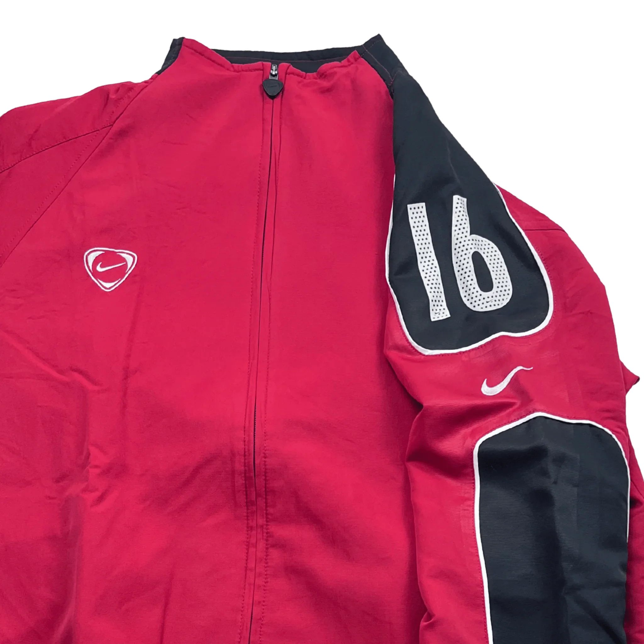 Rotes und schwarzes Nike Track Jacket 90er mit Reißverschluss und weißen Akzenten von Kickvault