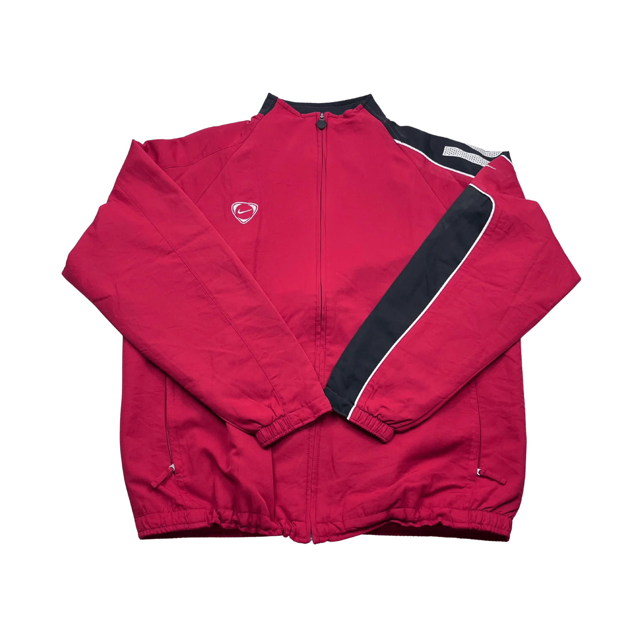 Kickvault Nike Track Jacket 90er in Rot mit Reißverschluss und schwarzen Ärmeln im Retro-Stil