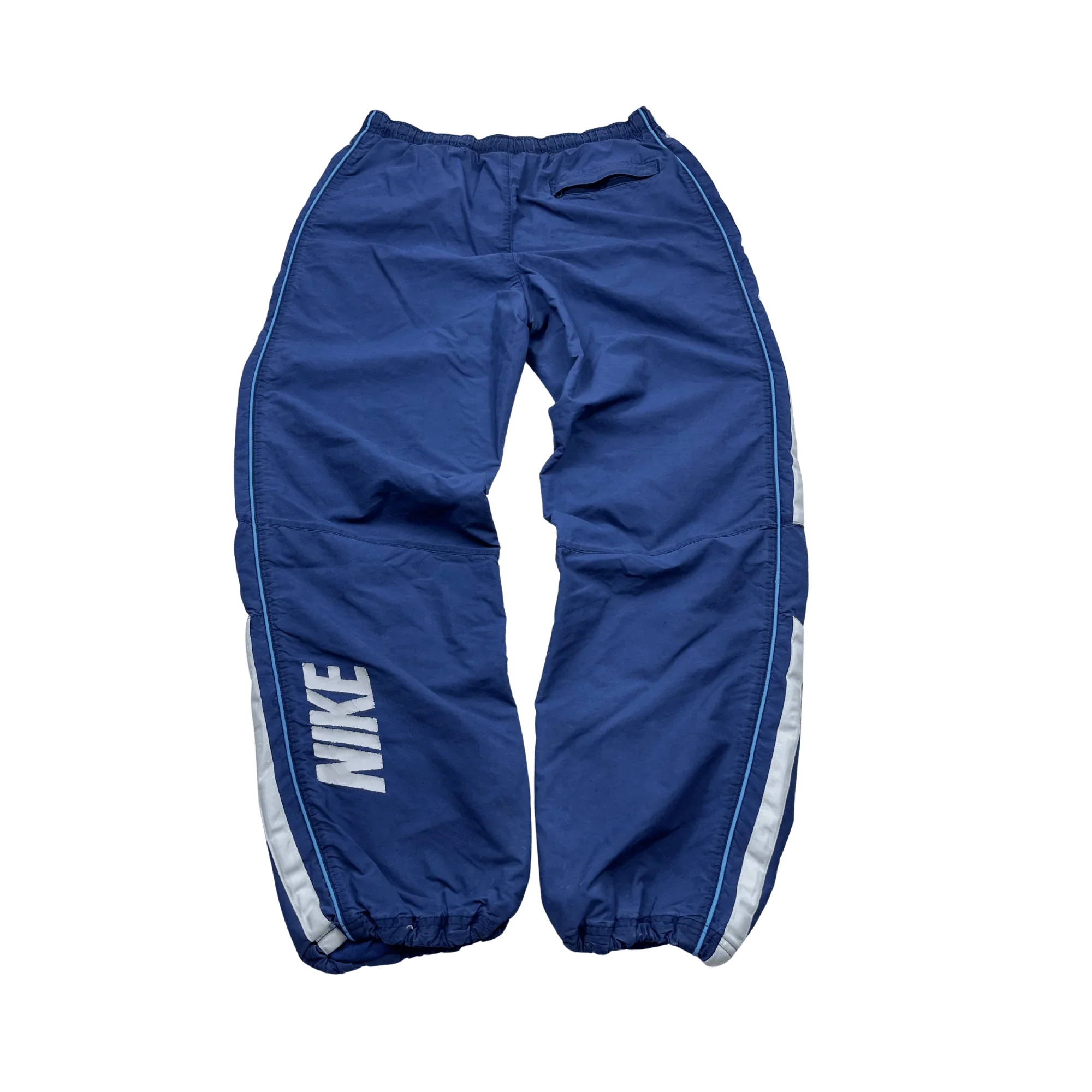 Nike Trackpants Blau Vintage von Kickvault in blau mit weißem NIKE Schriftzug und elastischem Bund