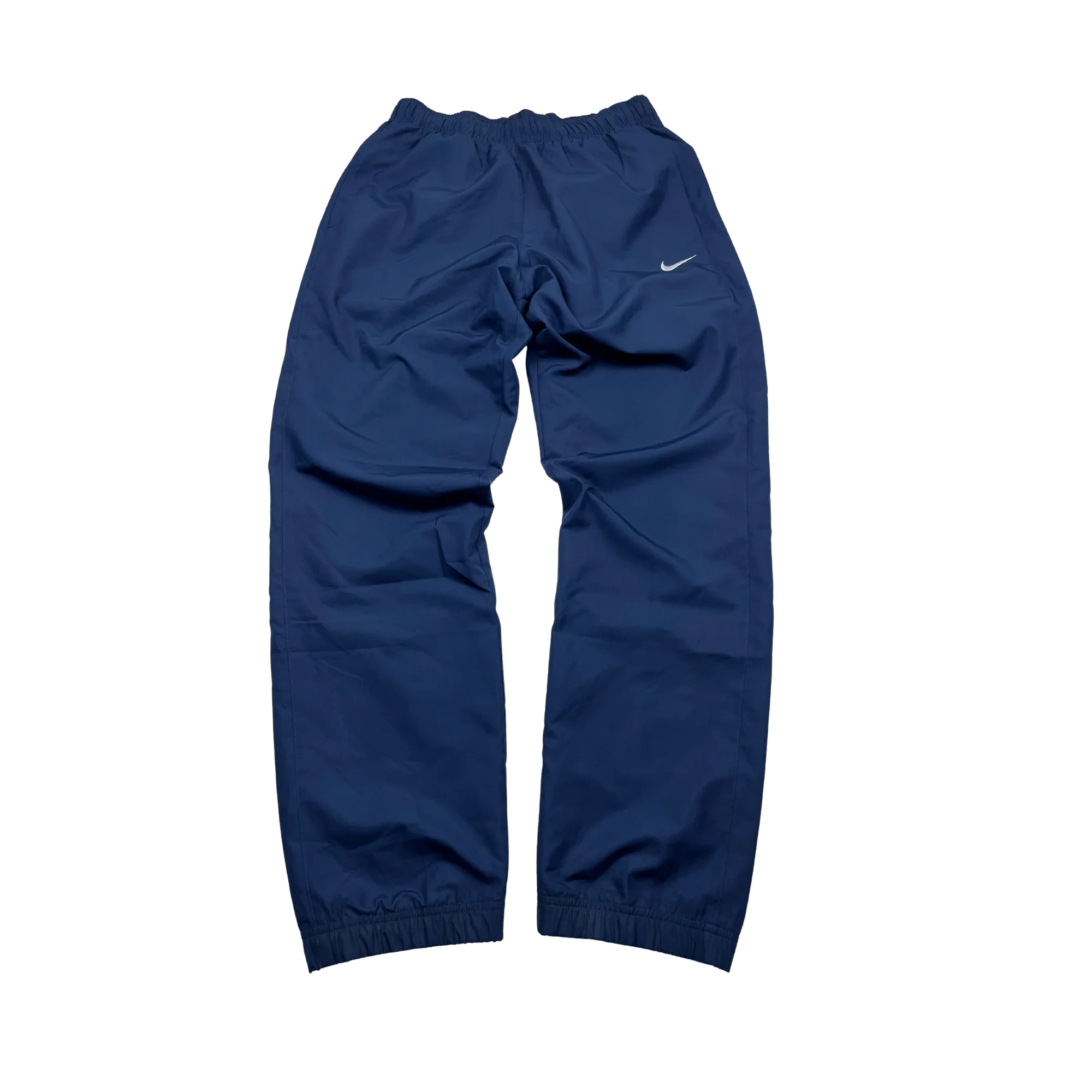 Nike Trackpants Vintage Blau Baggy Offenes Bein von Kickvault mit elastischem Bund und kleinem weißem Logo