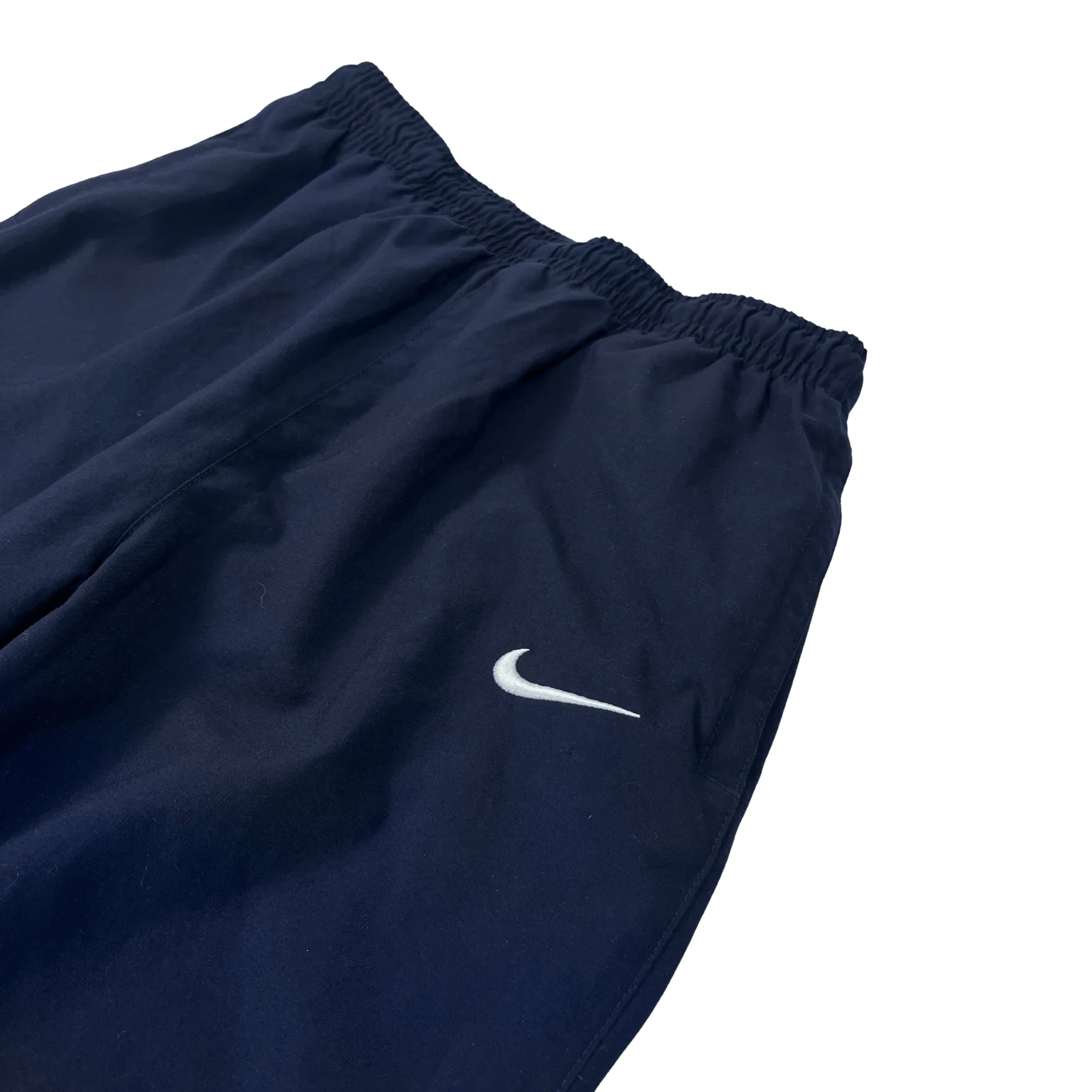 Dunkelblaue Nike Trackpants Vintage von Kickvault mit elastischem Bund und weißem Nike Logo