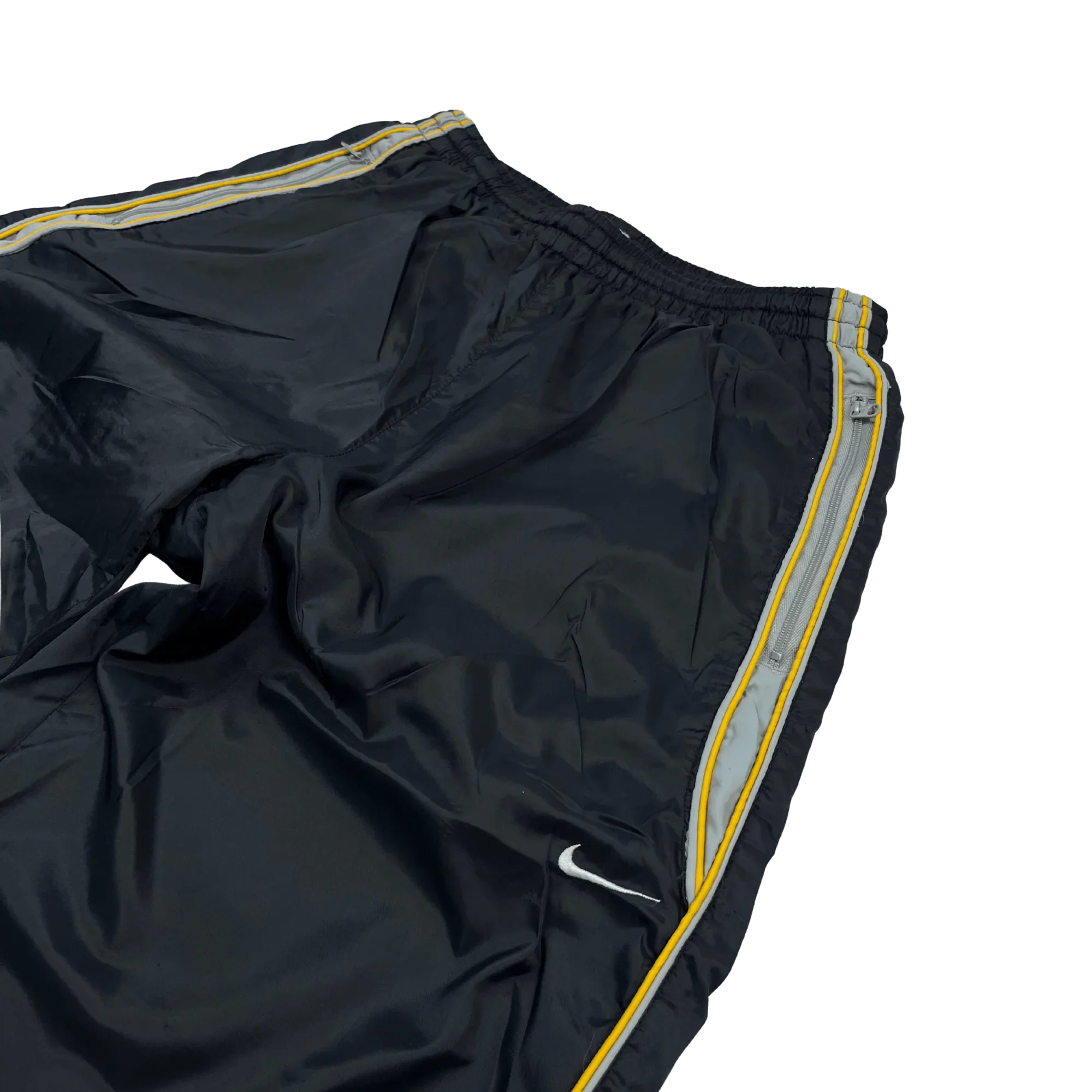 Nike vintage jogginghose gold streifen baggy fit open leg schwarze Trackpants mit gelben Streifen