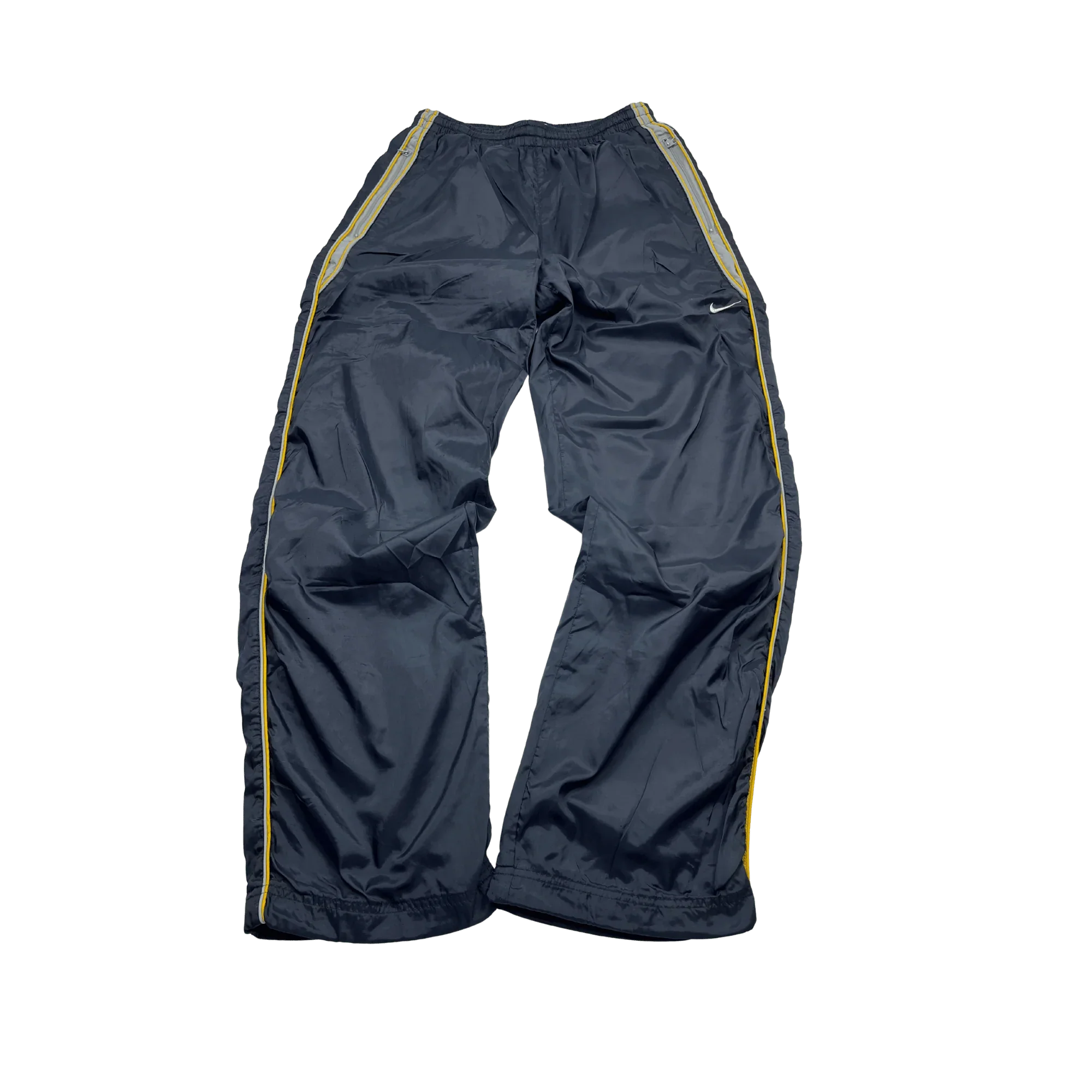 Nike vintage jogginghose gold streifen baggy fit open leg von Kickvault in dunkelblau mit goldenen Streifen