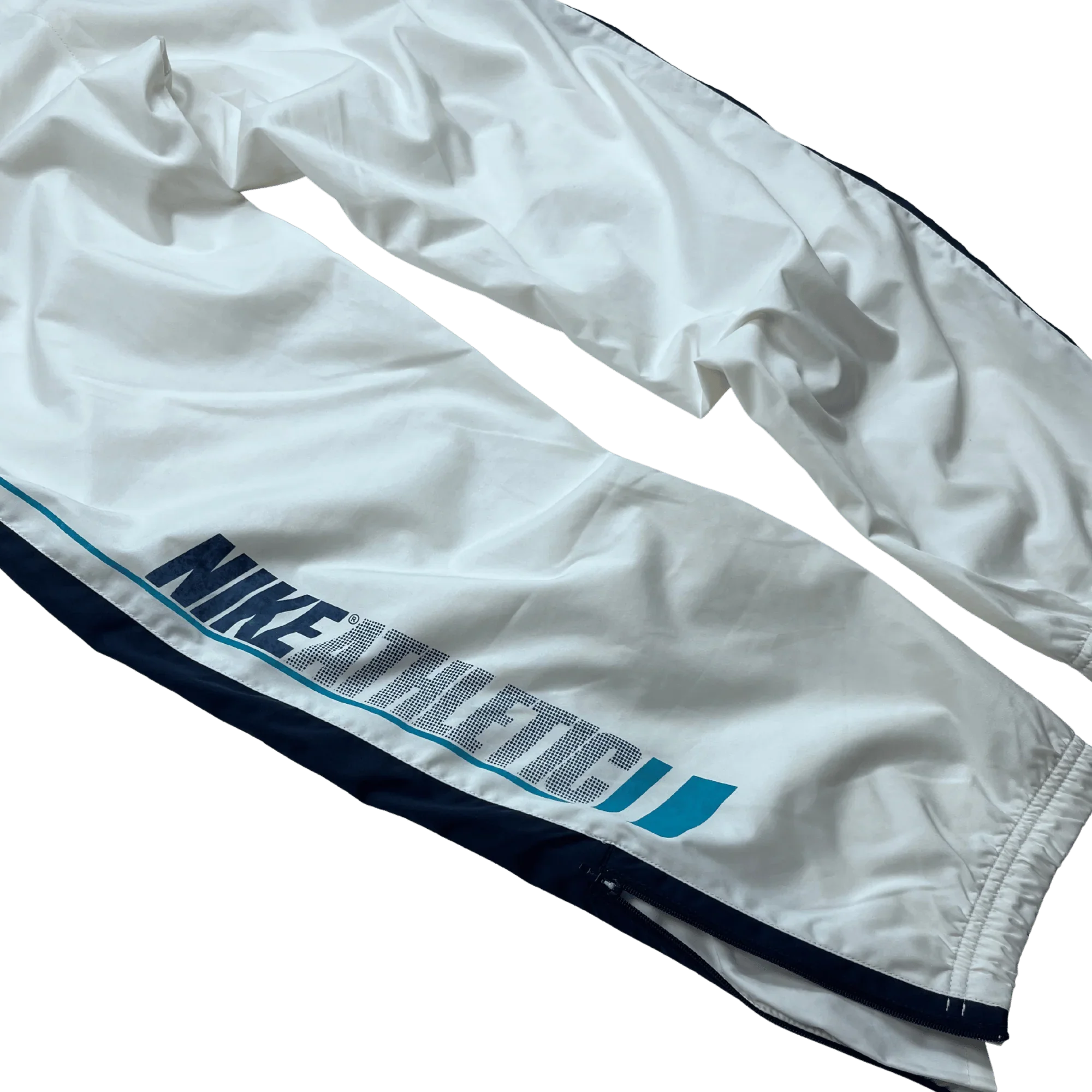 Kickvault Vintage Nike Trackpants weiß mit blauem Schriftzug und elastischem Bund