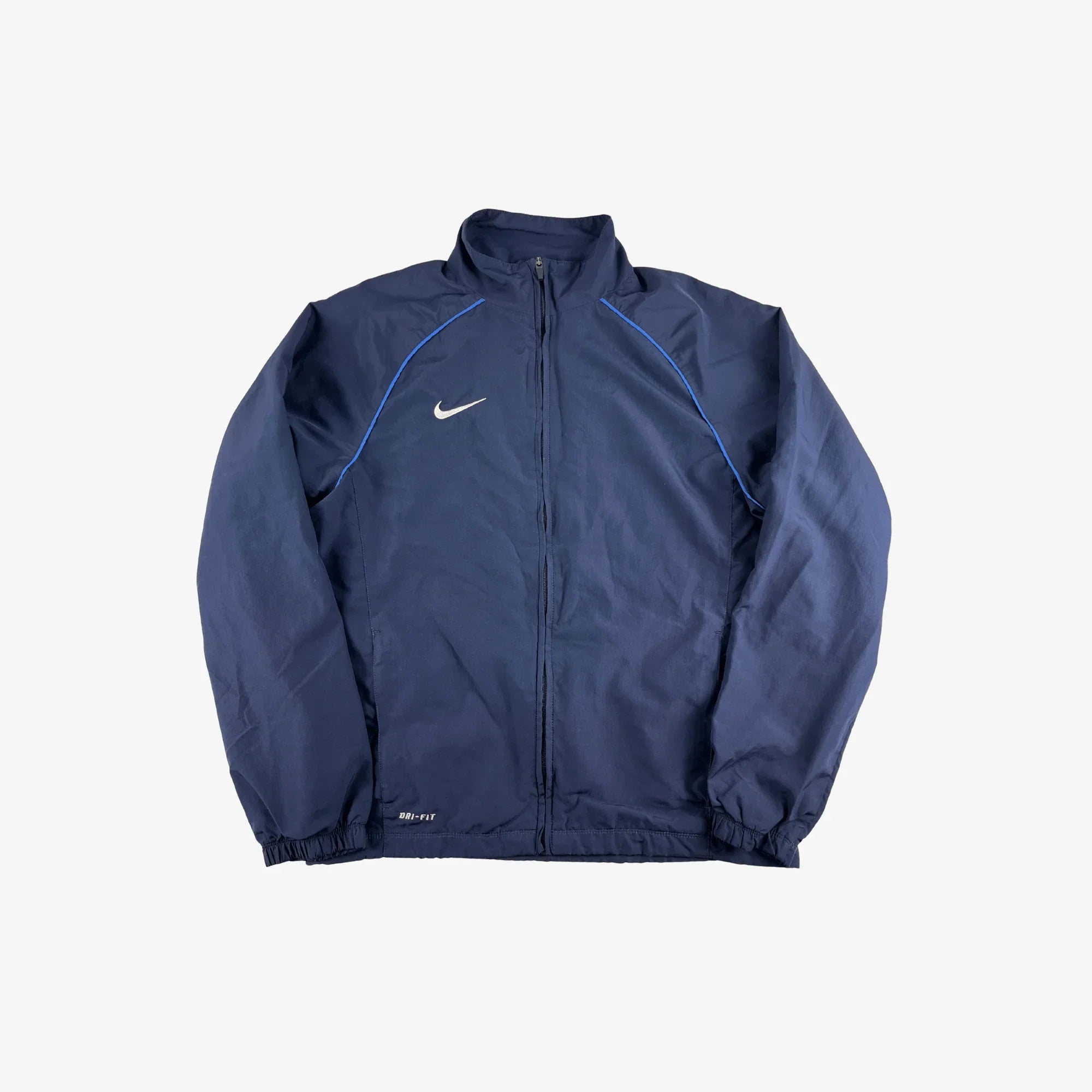 Vintage Nike trainingsjacken Kollektion navyblaue Reißverschlussjacke mit weißem Swoosh, blauen Paspeln und elastischen Bündchen