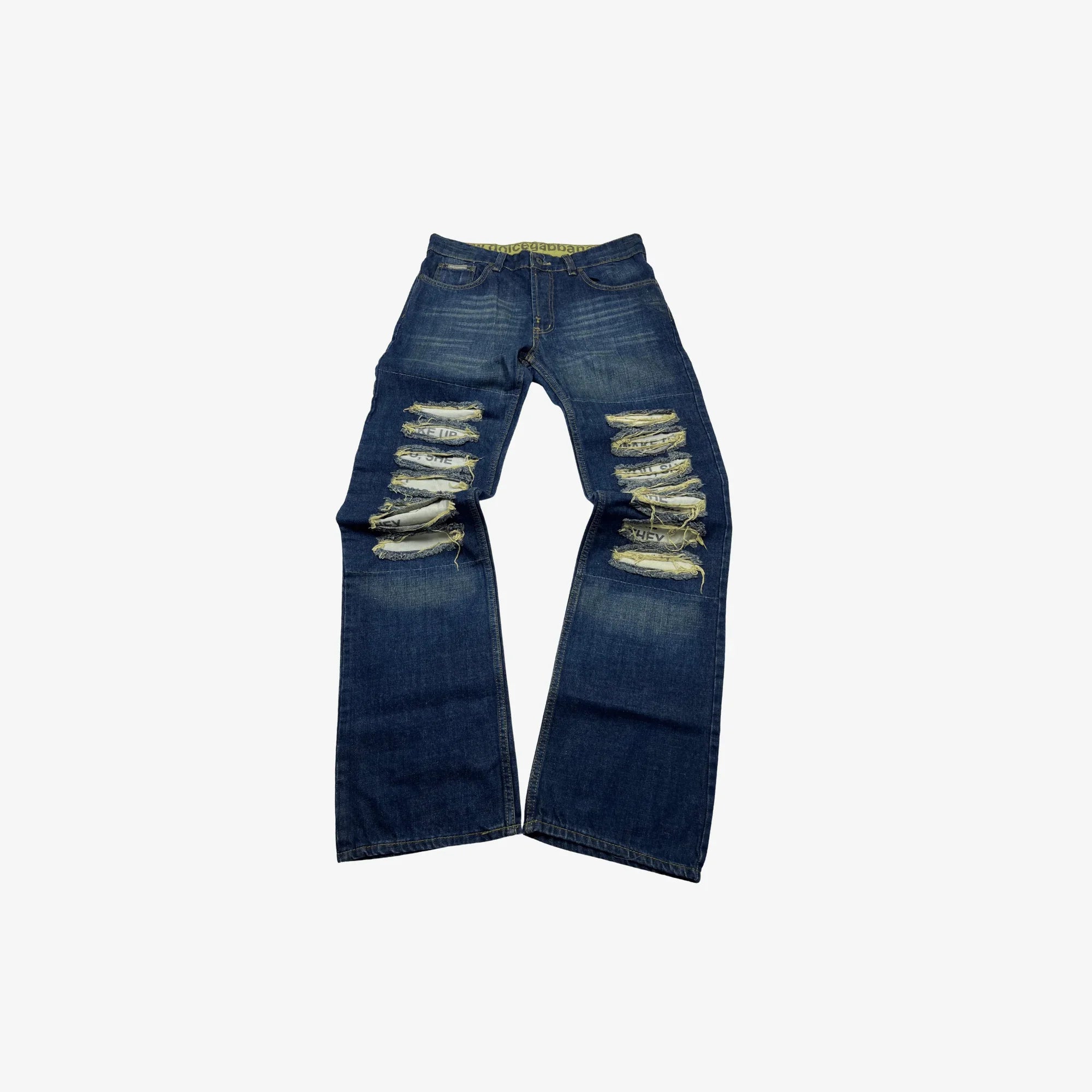 Vintage Baggy Jeans mit starken Knie Rissen in ausgewaschenem Dunkelblau und 2000er Vibe aus Raritätenkollektion