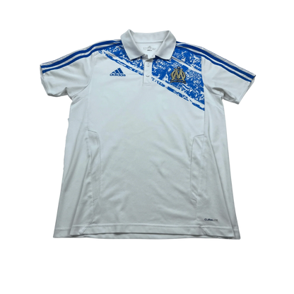 Adidas Marseille Poloshirt weiß mit blauem Design und Kickvault Logo kurzärmelig