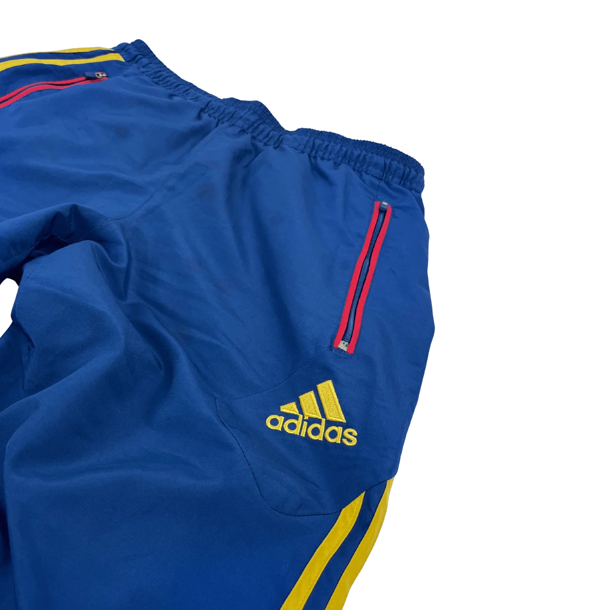 Kickvault Adidas Spanien Trainingsanzug blaue Hose mit gelben Streifen und Reißverschlusstaschen