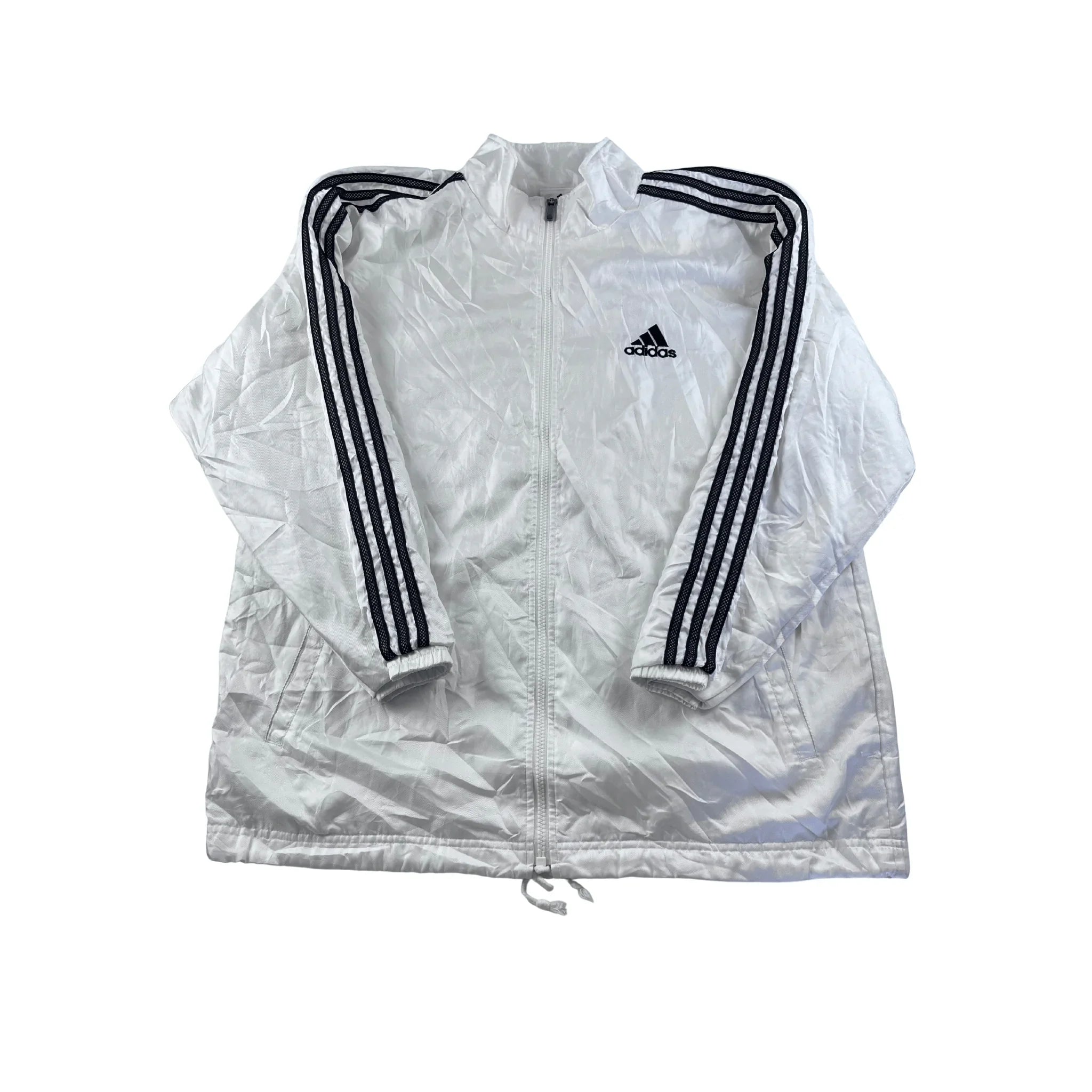 Adidas Trainingsjacke Sommer Weiß mit schwarzer 3-Streifen-Design und Reißverschluss vorne