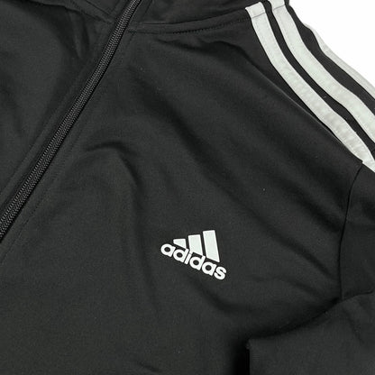 Schwarze Adidas Trainingsjacke Vintage 2000er mit weißen Streifen und Reißverschluss