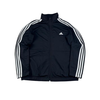 Schwarze Adidas Trainingsjacke Vintage 2000er mit weißen Streifen und durchgehendem Reißverschluss