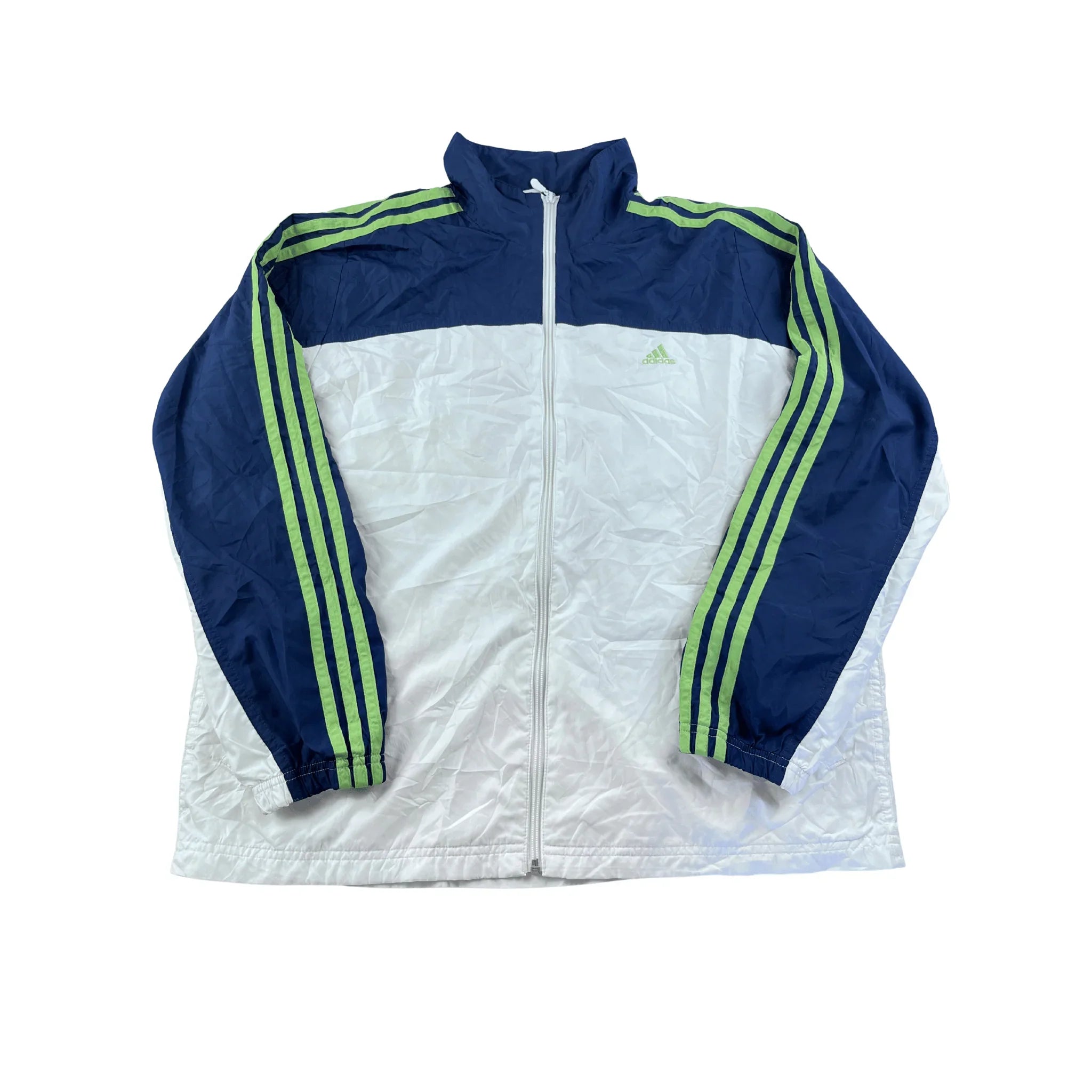Adidas Trainingsjacke Vintage weiss blau mit Reißverschluss und grünem Streifendesign auf Ärmeln