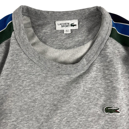 Grau melierter Lacoste Crewneck Pullover Vintage Hoodie mit farbigen Schulterstreifen und Logo