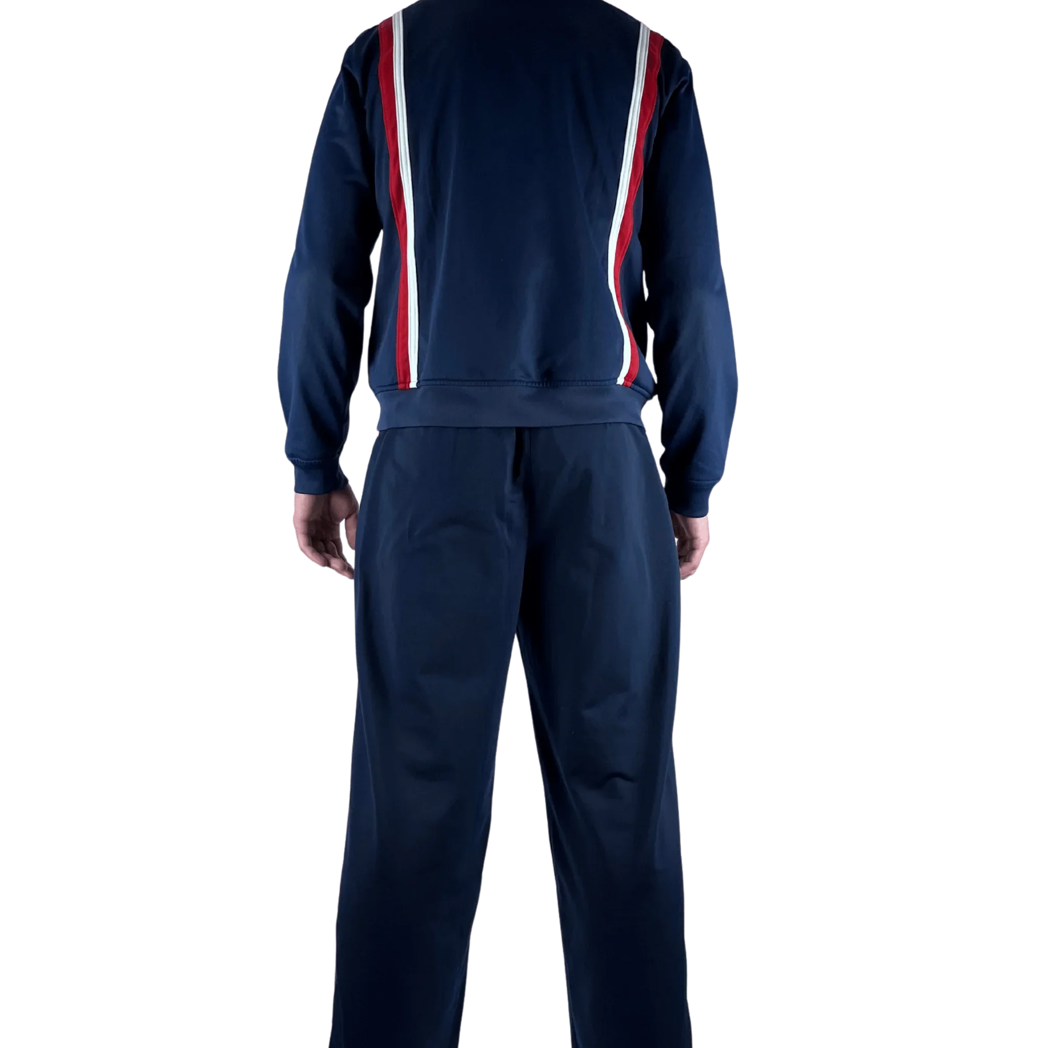 Nike Trainingsanzug Vintage in Dunkelblau mit roten und weißen Streifen, Rückansicht