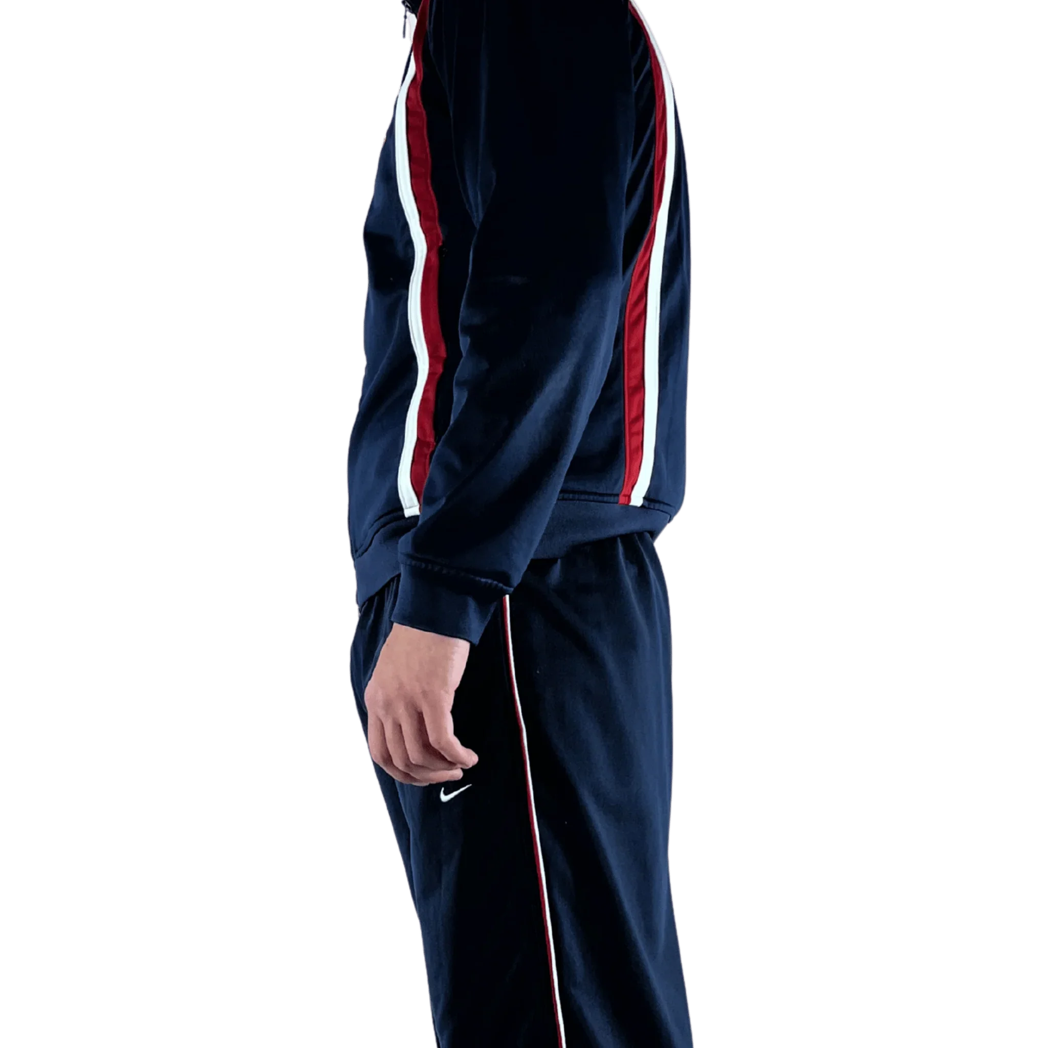 Kickvault Nike Trainingsanzug Vintage in Navyblau mit rot weißen Streifen und seitlichem Logo