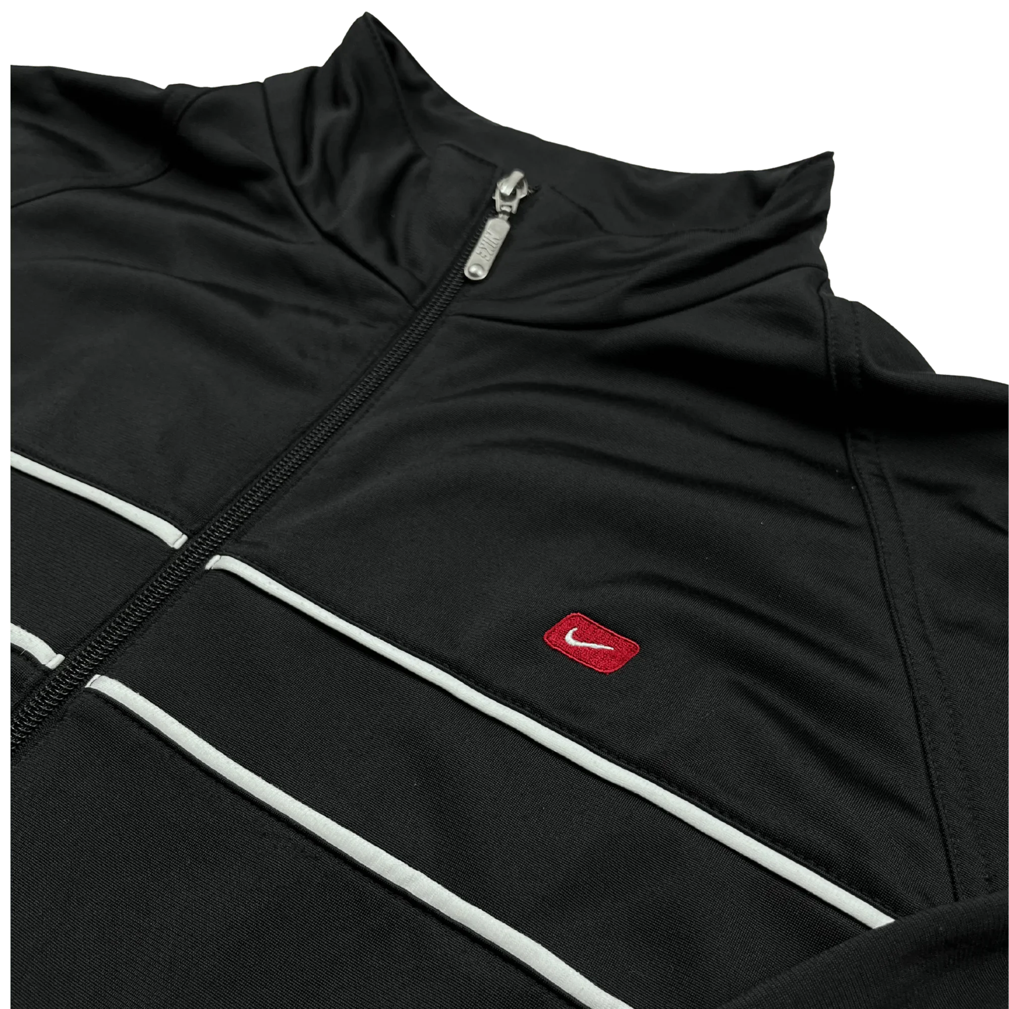 Nike Trainingsjacke Vintage Schwarz mit Reißverschluss und weißem Streifendesign von Kickvault