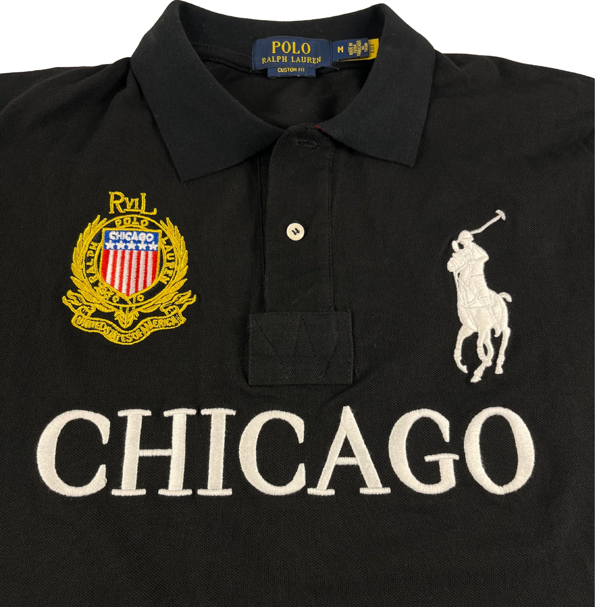 Schwarzes Ralph Lauren Big Pony Poloshirt Cheef kief mit Stickerei und Chicago-Schriftzug