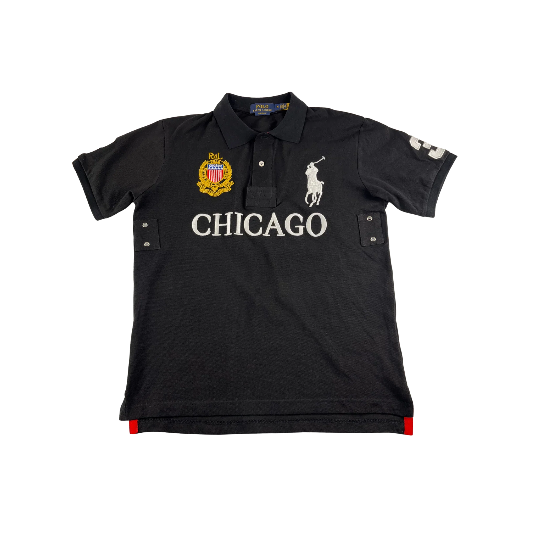 Schwarzes Ralph Lauren Big Pony Poloshirt Cheef kief mit Chicago Schriftzug und Stickereien